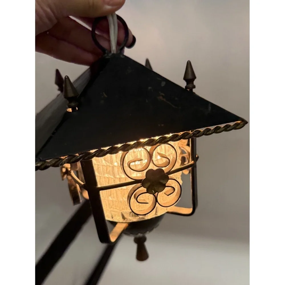 Spanish Revival Gothic Tudor Hanging Lamp Black Metal Plug In Lantern